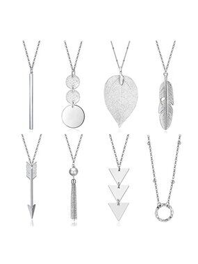 8 Piece Long Necklace Set - Pendant Necklaces for Women, Hypoallergenic Alloy